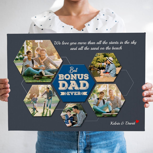 Best Bonus Dad Ever Custom Photo Collage - Personalized Navy Background Canvas