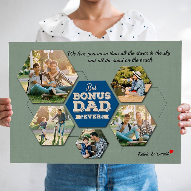 Best Bonus Dad Ever Custom Photo Collage - Personalized Vintage Green Background Canvas