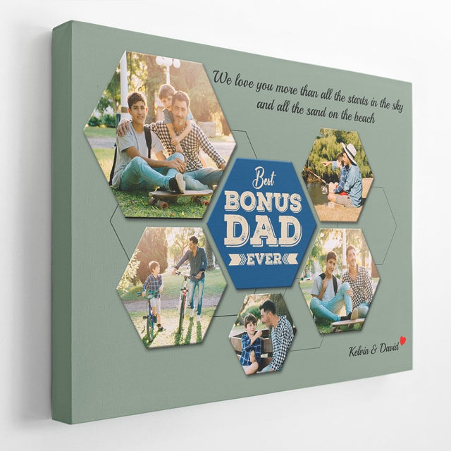 Best Bonus Dad Ever Custom Photo Collage - Personalized Vintage Green Background Canvas
