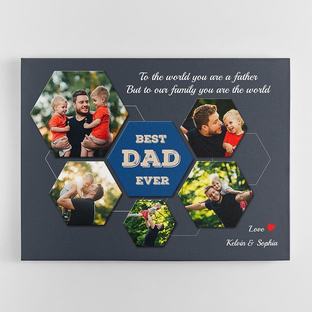 Best Dad Ever Custom Photo Collage - Personalized Navy Background Canvas