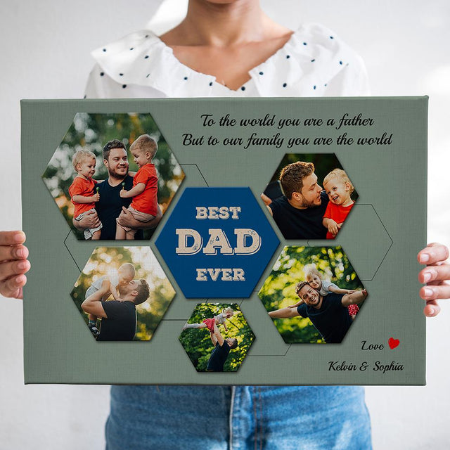 Best Dad Ever Custom Photo Collage - Personalized Vintage Green Background Canvas