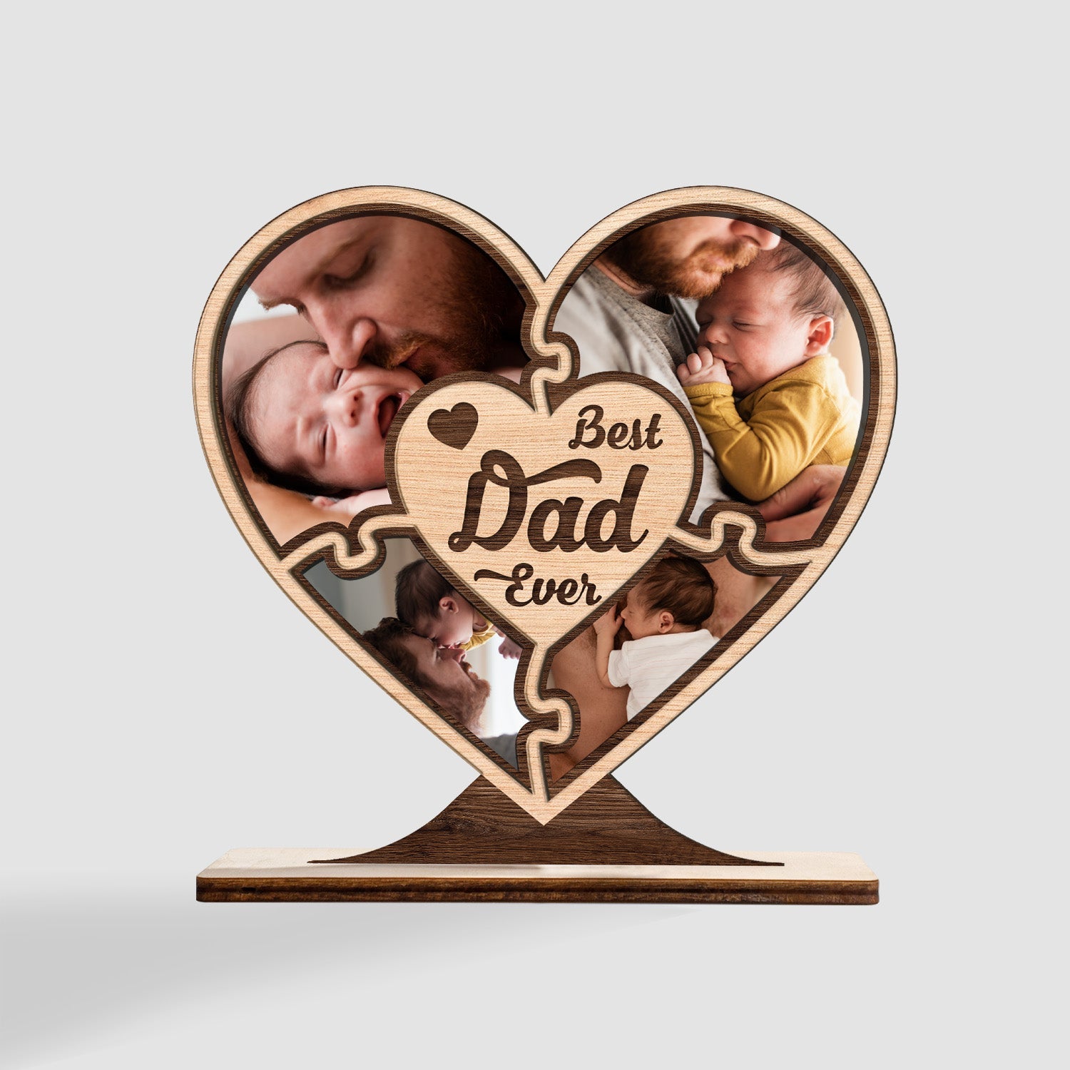 Best Dad Ever, Custom Photo, Heart Shape, 4 Pictures, Wooden Plaque 3 Layers