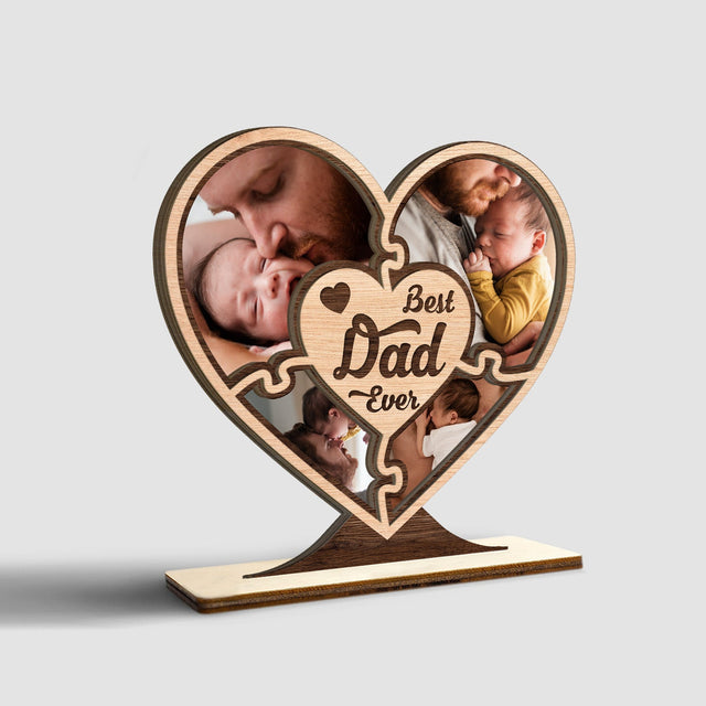 Best Dad Ever, Custom Photo, Heart Shape, 4 Pictures, Wooden Plaque 3 Layers