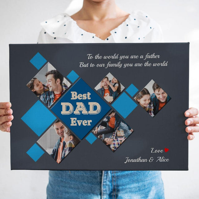 Best Dad Ever Custom Rhombus Photo Collage - Personalized Navy Background Canvas
