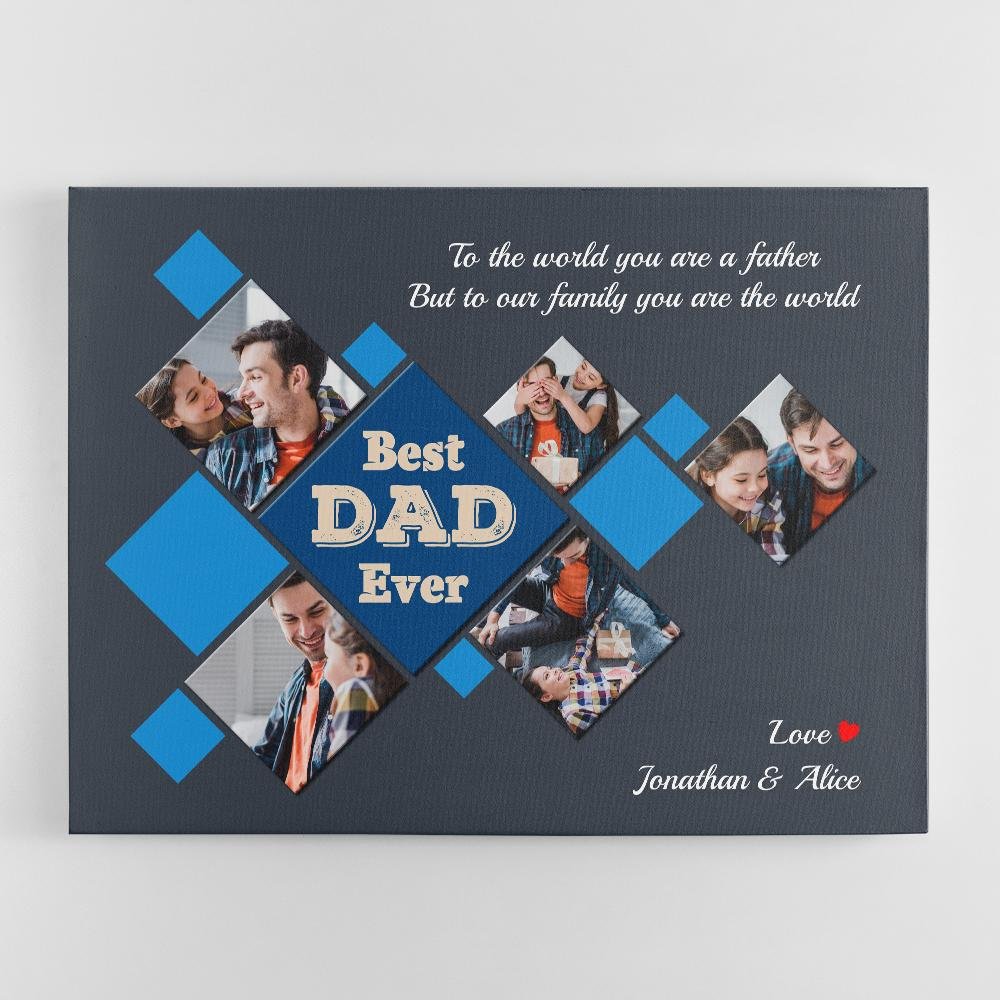 Best Dad Ever Custom Rhombus Photo Collage - Personalized Navy Background Canvas