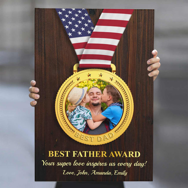 Best Father Award, Custom Photo, Medal Shape, Personalized Text And Name Canvas Wall Art