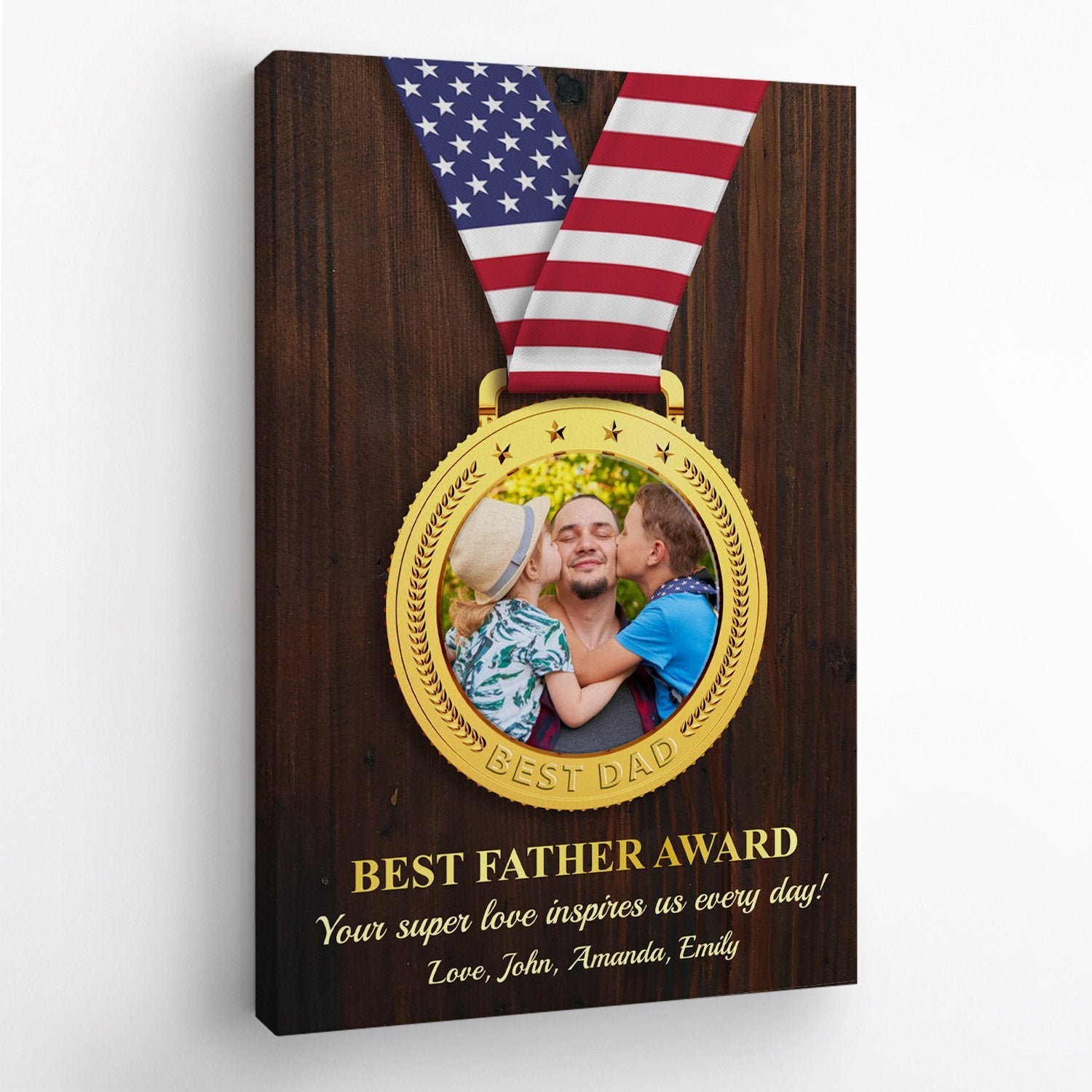Best Father Award, Custom Photo, Medal Shape, Personalized Text And Name Canvas Wall Art