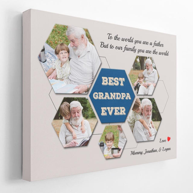 Best Grandpa Ever Custom Photo Collage - Personalized Light Grey Style Background Canvas
