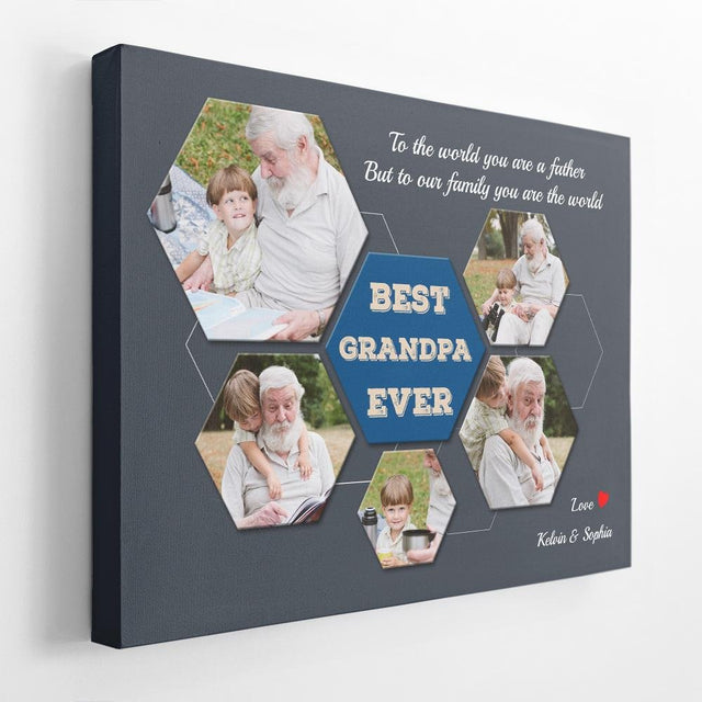 Best Grandpa Ever Custom Photo Collage - Personalized Navy Vintage Style Background Canvas