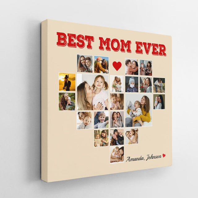 Best Mom Ever, Custom Photo Collage, Heart Shape, 21 Pictures, Canvas Wall Art