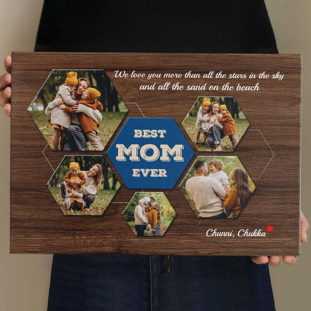 Best Mom Ever Custom Photo Collage - Personalized Dark Wood Background Canvas