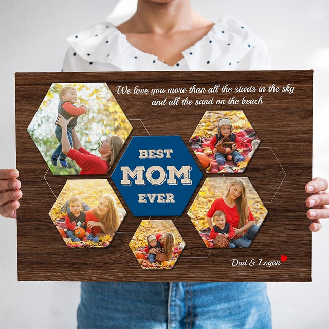 Best Mom Ever Custom Photo Collage - Personalized Dark Wood Background Canvas