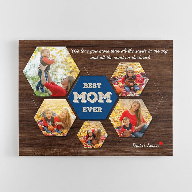 Best Mom Ever Custom Photo Collage - Personalized Dark Wood Background Canvas