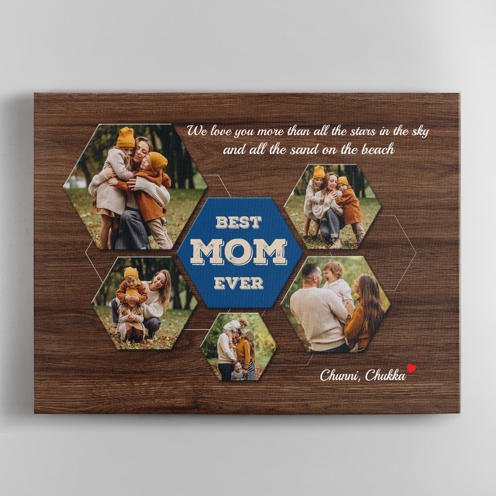 Best Mom Ever Custom Photo Collage - Personalized Dark Wood Background Canvas