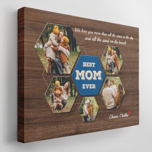 Best Mom Ever Custom Photo Collage - Personalized Dark Wood Background Canvas