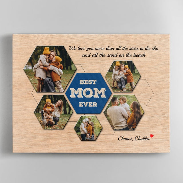Best Mom Ever Custom Photo Collage - Personalized Light Wood Background Canvas