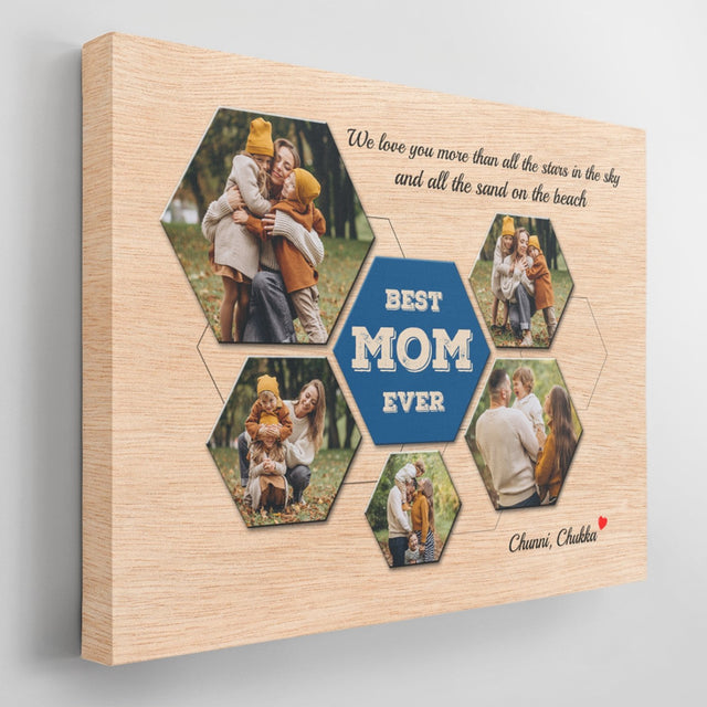 Best Mom Ever Custom Photo Collage - Personalized Light Wood Background Canvas