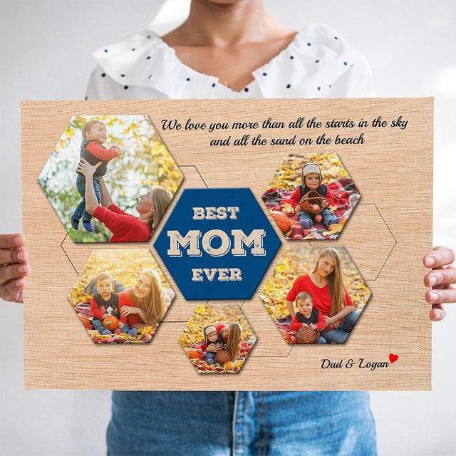 Best Mom Ever Custom Photo Collage - Personalized Light Wood Background Canvas