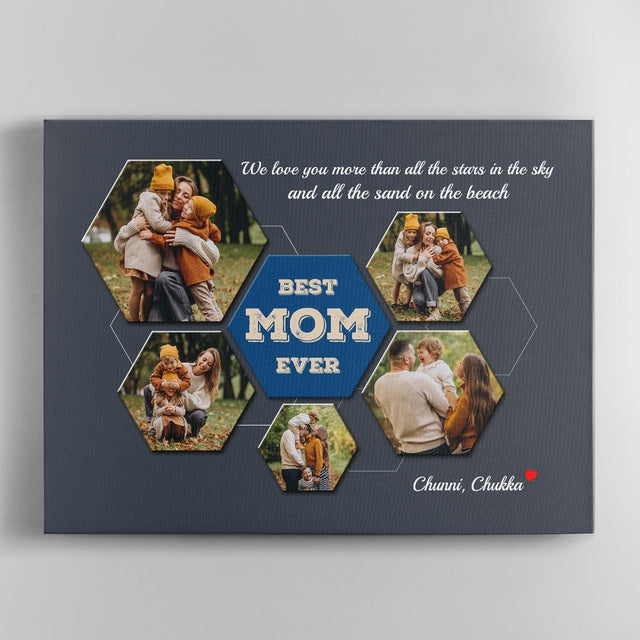 Best Mom Ever Custom Photo Collage - Personalized Navy Vintage Background Canvas