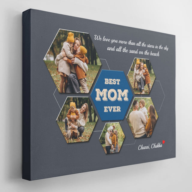 Best Mom Ever Custom Photo Collage - Personalized Navy Vintage Background Canvas
