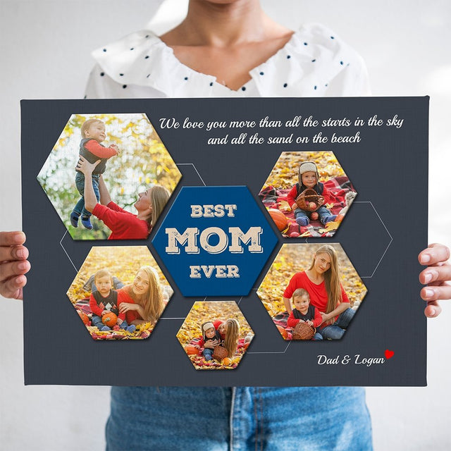 Best Mom Ever Custom Photo Collage - Personalized Navy Vintage Background Canvas
