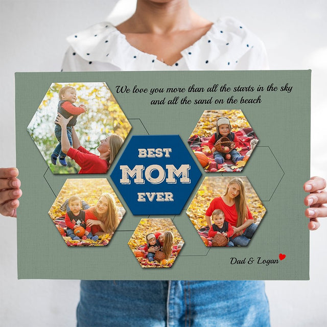Best Mom Ever Custom Photo Collage - Personalized Vintage Green Background Canvas