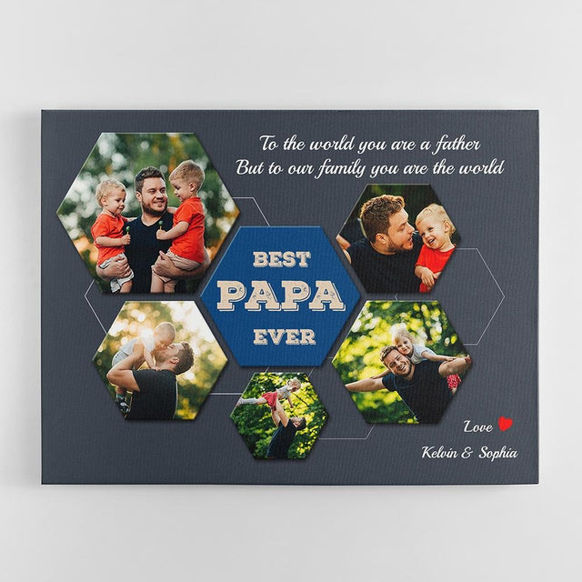 Best PAPA Ever Custom Photo Collage - Personalized Navy Vintage Background Canvas