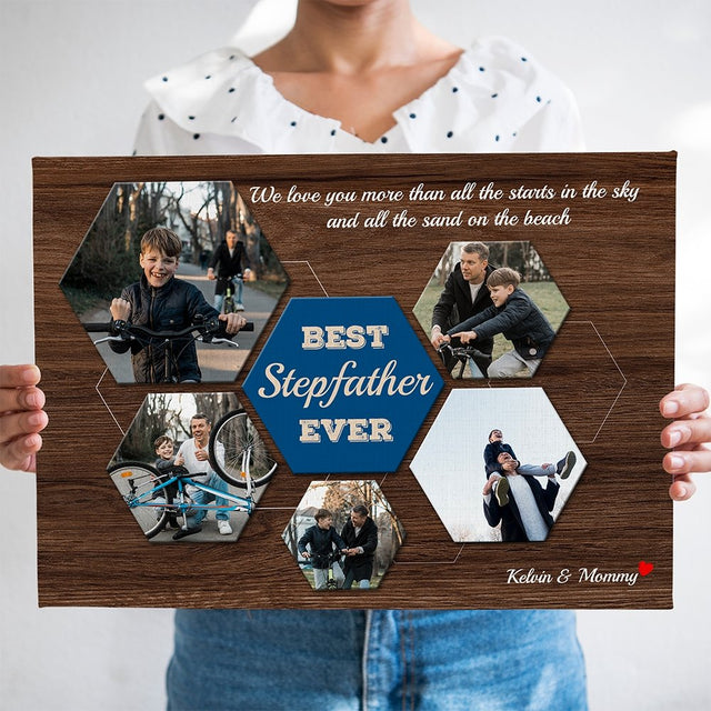 Best Stepfather Ever Custom Photo Collage - Personalized Dark Wood Background Canvas