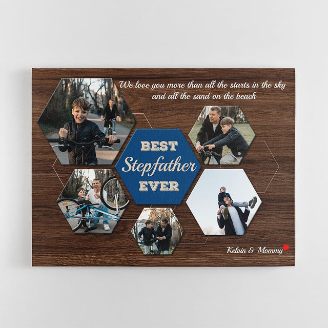 Best Stepfather Ever Custom Photo Collage - Personalized Dark Wood Background Canvas