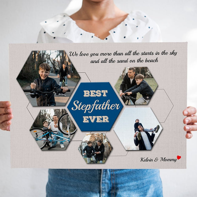 Best Stepfather Ever Custom Photo Collage - Personalized Light Grey Background Canvas