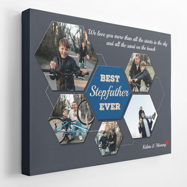 Best Stepfather Ever Custom Photo Collage - Personalized Navy Background Canvas