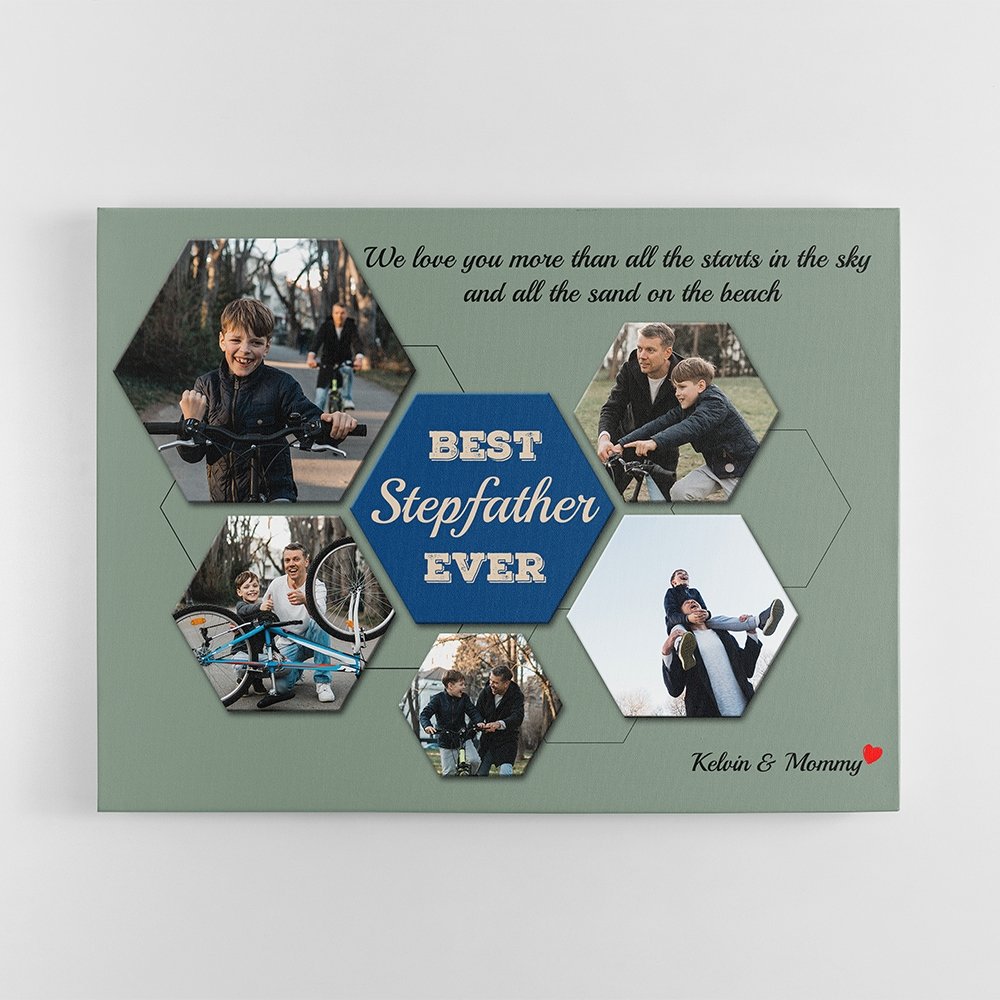 Best Stepfather Ever Custom Photo Collage - Personalized Vintage Green Background Canvas