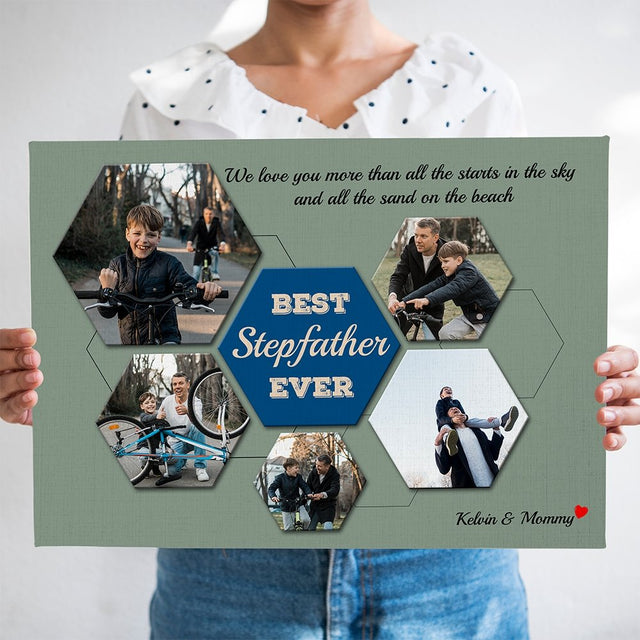 Best Stepfather Ever Custom Photo Collage - Personalized Vintage Green Background Canvas