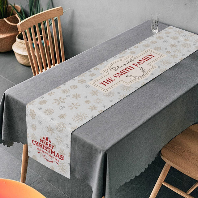 Blessed Family, Merry Christmas And Happy New Year, Personalized Table Runner, Personalized Family Name