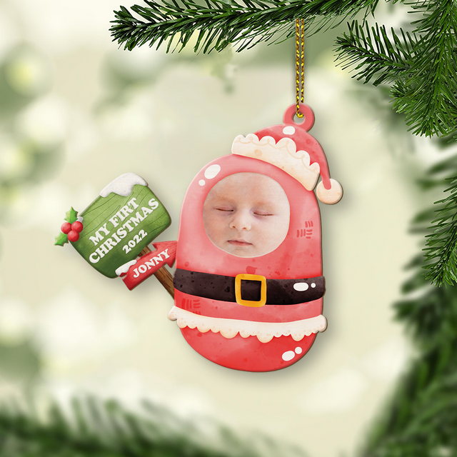 Custom Photo, Personalized Name And Text, Ornament For Baby, Baby's First Christmas, Christmas Boy Roly-Poly, Christmas Shape Ornament 2 Sides