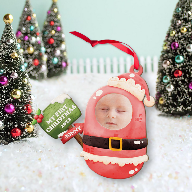 Custom Photo, Personalized Name And Text, Ornament For Baby, Baby's First Christmas, Christmas Boy Roly-Poly, Christmas Shape Ornament 2 Sides