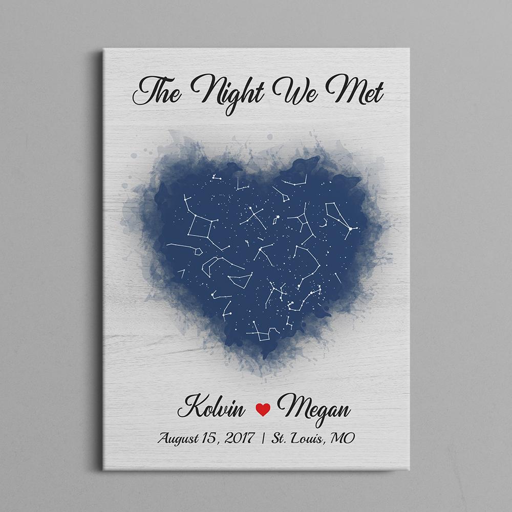 Couple Custom Star Map Grey Wood Style Background Canvas - " The Night We Met "