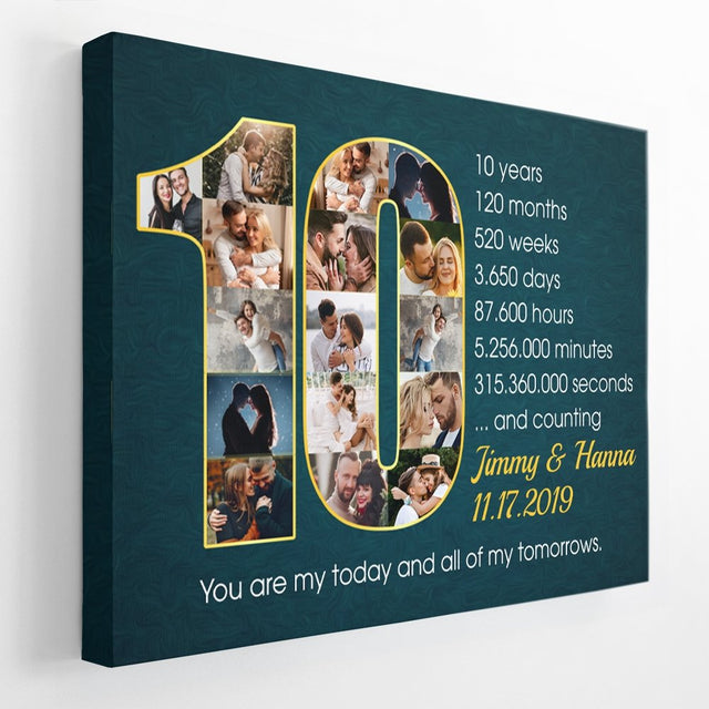 Custom 10th Wedding Anniversary Photo Collage Deep Blue Background Canvas