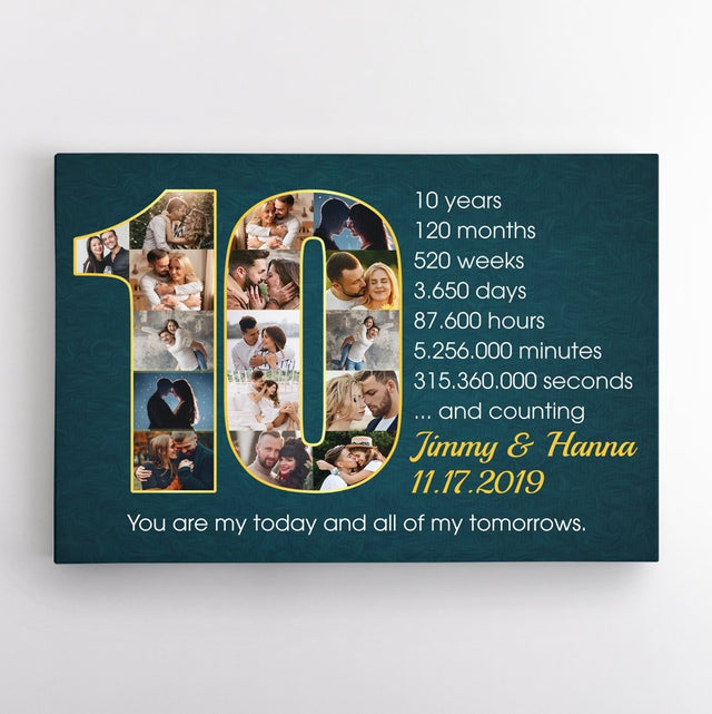 Custom 10th Wedding Anniversary Photo Collage Deep Blue Background Canvas