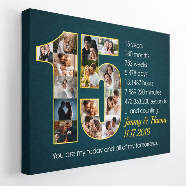 Custom 15th Wedding Anniversary Photo Collage Deep Blue Background Canvas