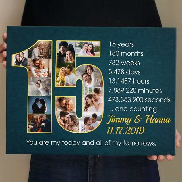 Custom 15th Wedding Anniversary Photo Collage Deep Blue Background Canvas