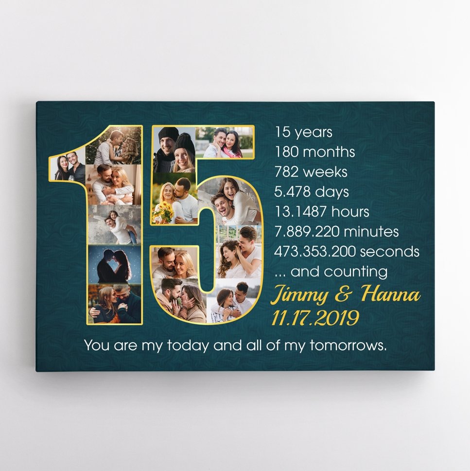 Custom 15th Wedding Anniversary Photo Collage Deep Blue Background Canvas