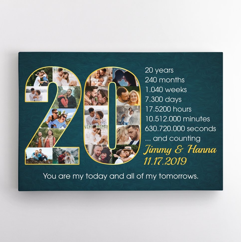 Custom 20th Wedding Anniversary Photo Collage Deep Blue Background Canvas