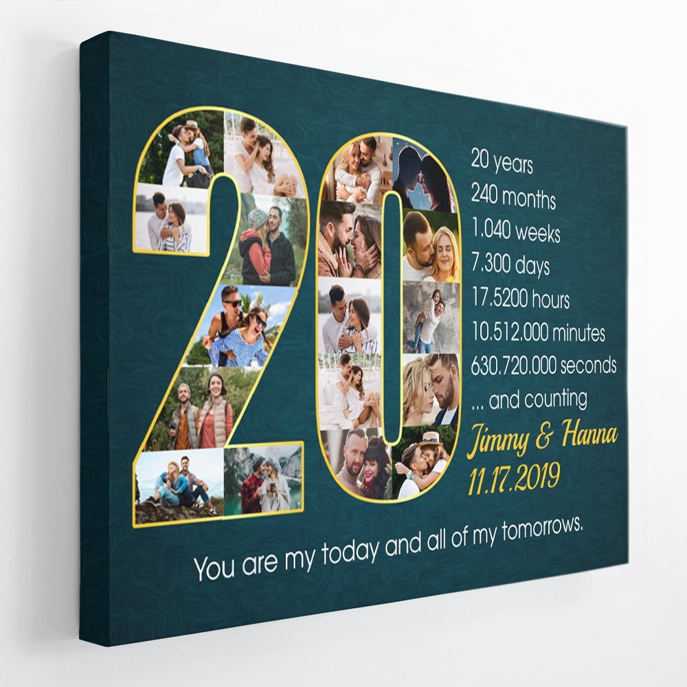 Custom 20th Wedding Anniversary Photo Collage Deep Blue Background Canvas