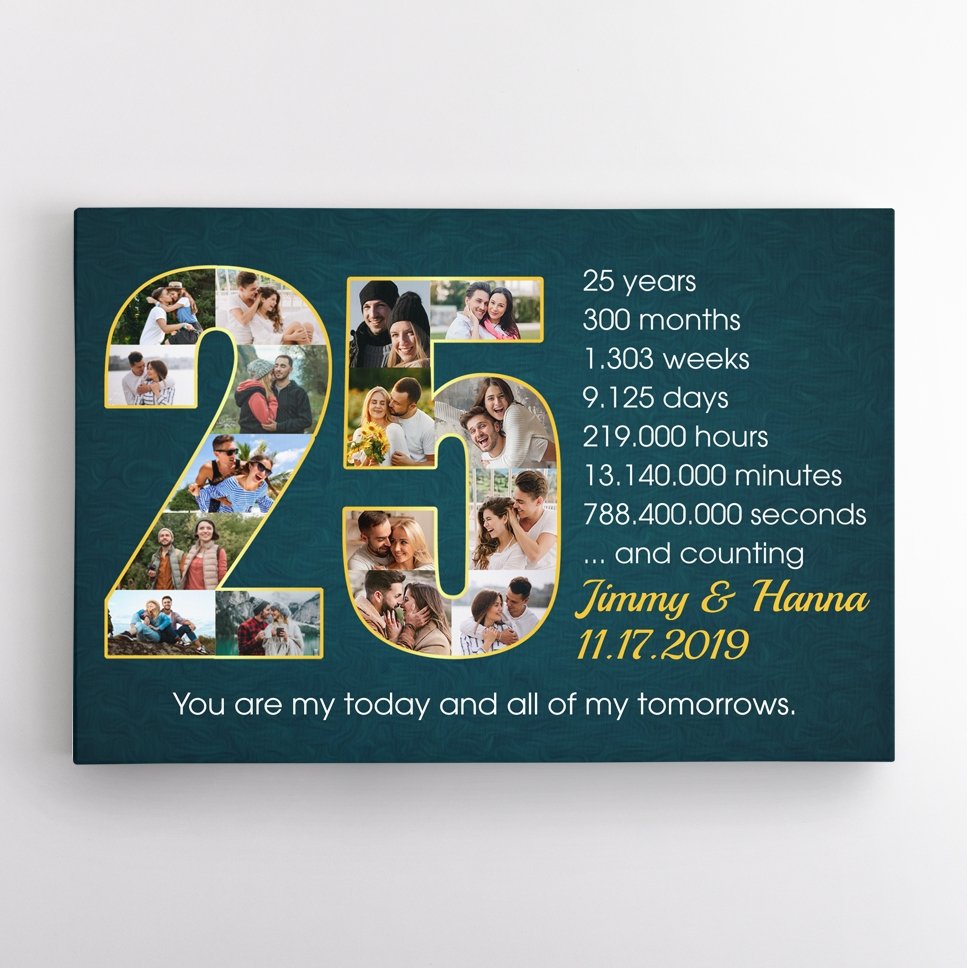 Custom 25th Wedding Anniversary Photo Collage Deep Blue Background Canvas
