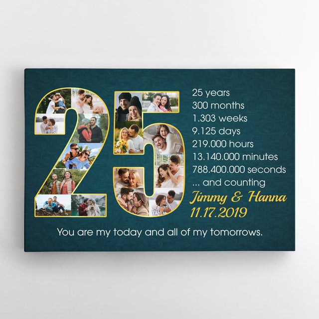 Custom 25th Wedding Anniversary Photo Collage Deep Blue Background Canvas