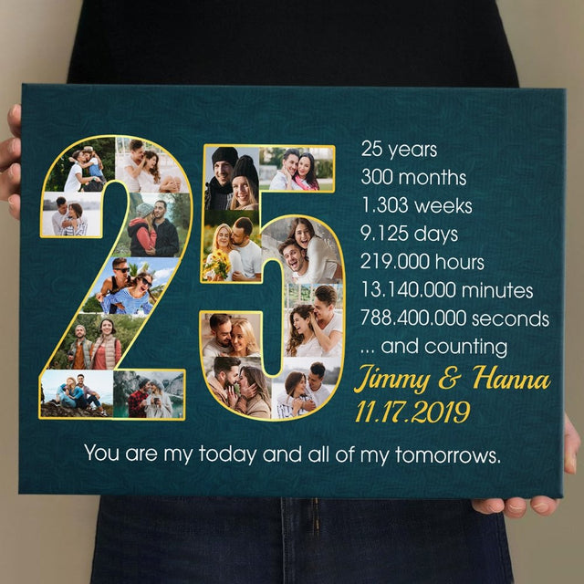 Custom 25th Wedding Anniversary Photo Collage Deep Blue Background Canvas