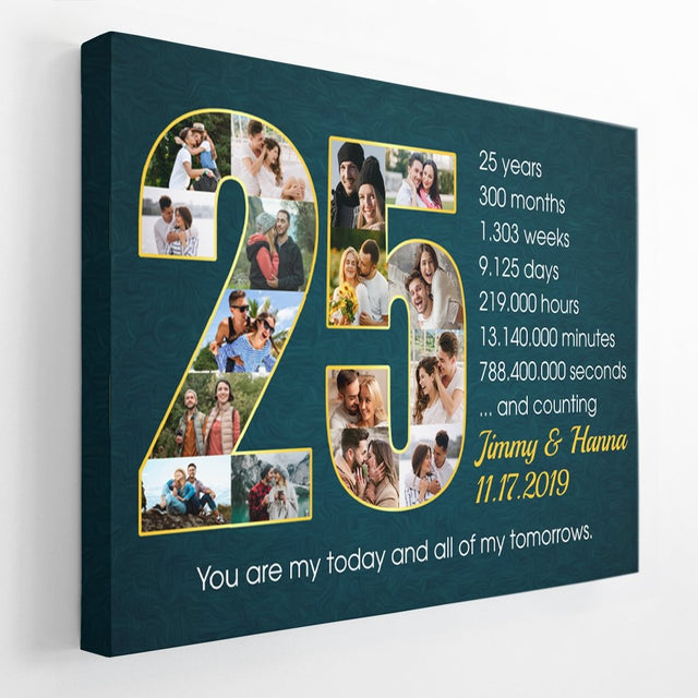 Custom 25th Wedding Anniversary Photo Collage Deep Blue Background Canvas