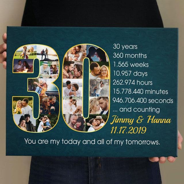 Custom 30th Wedding Anniversary Photo Collage Deep Blue Background Canvas