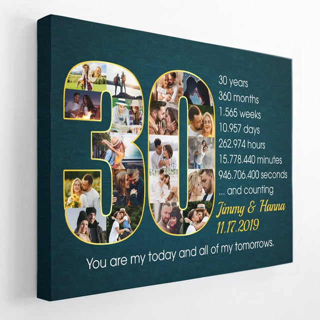 Custom 30th Wedding Anniversary Photo Collage Deep Blue Background Canvas